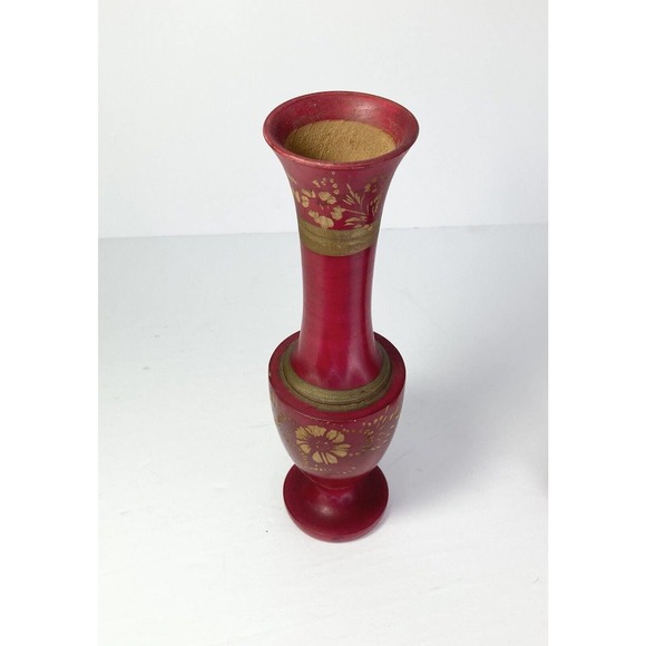 2 Matching Handmade & Painted Red Wooden Vases w/Applied Gold Floral Motif 10.5” - Picture 4 of 8